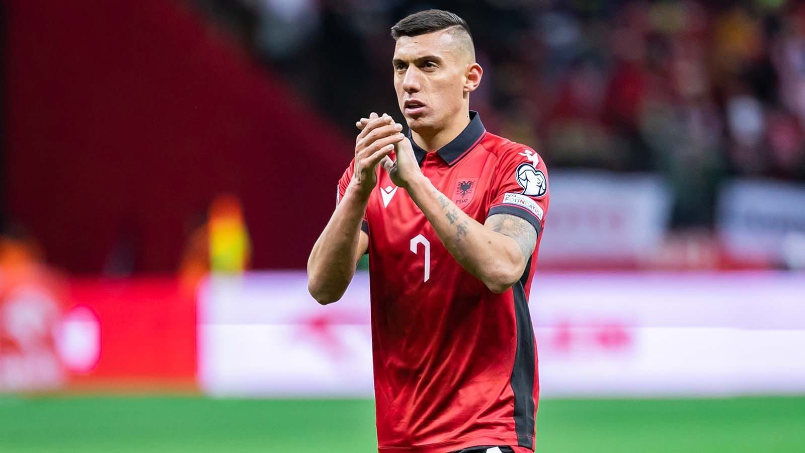 Myrto Uzuni playing soccer for Albania