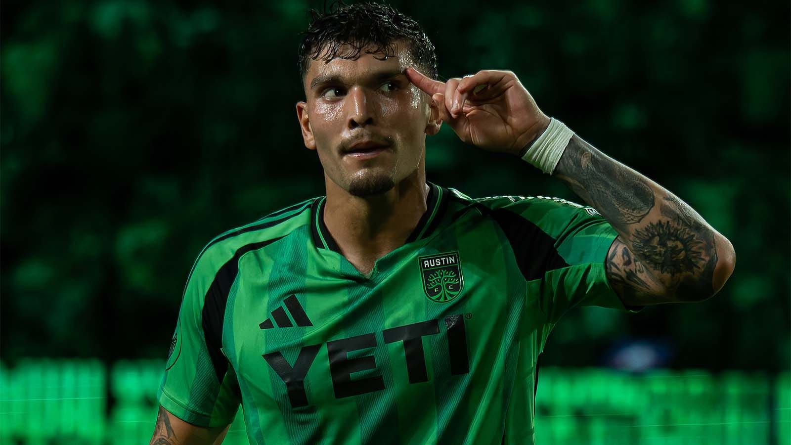 Brandon Vázquez of Austin FC pointing to head in goal celebration