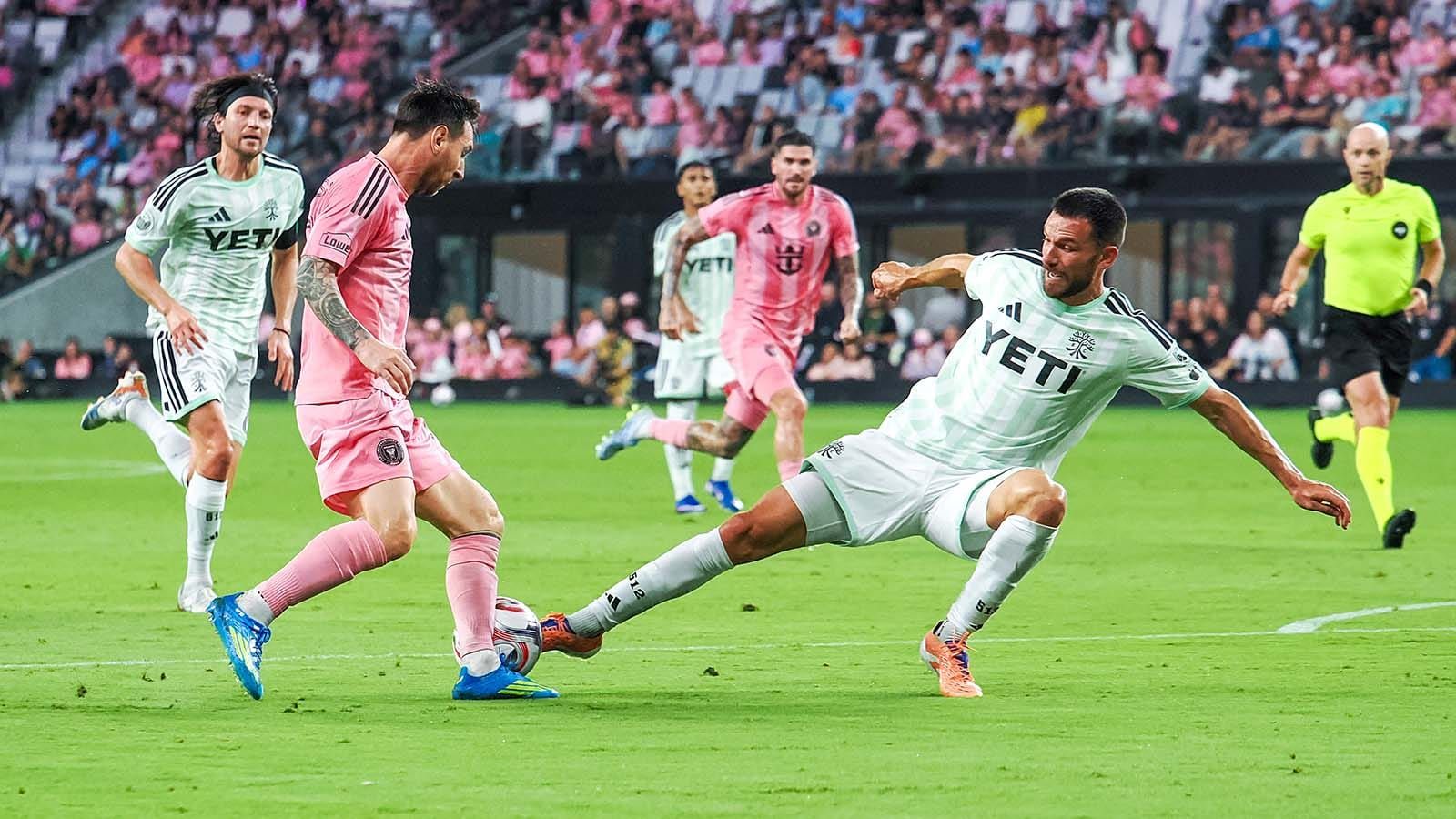 Austin FC's Brendan Hines-Ike stopping Inter Miami's Lionel Messi