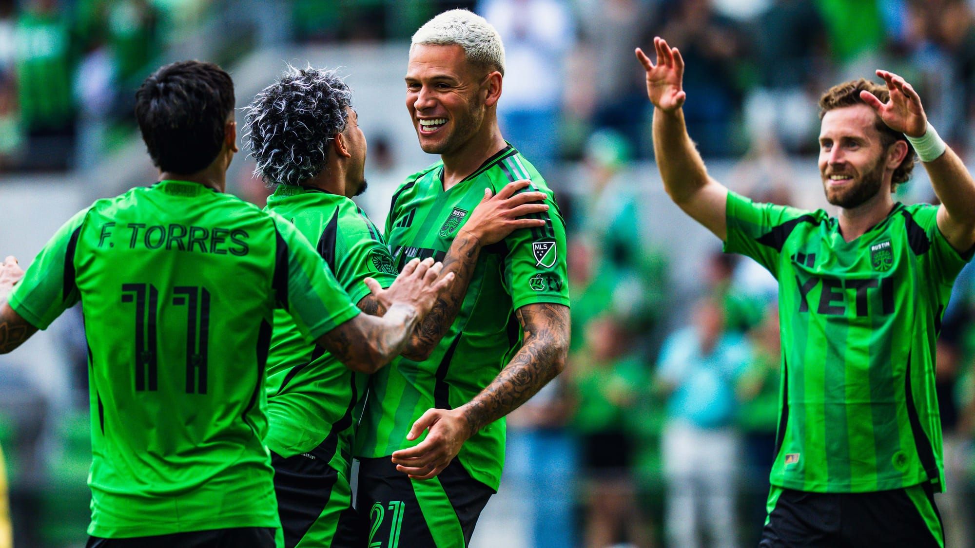 Christian Ramírez and Austin FC teammates celebrates his opening goal