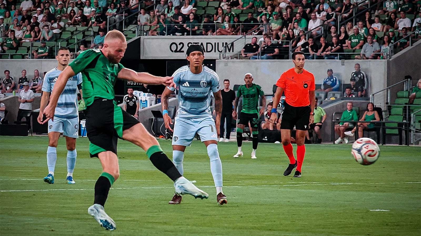 Mikkel Desler scoring a goal for Austin FC vs. Sporting Kansas City