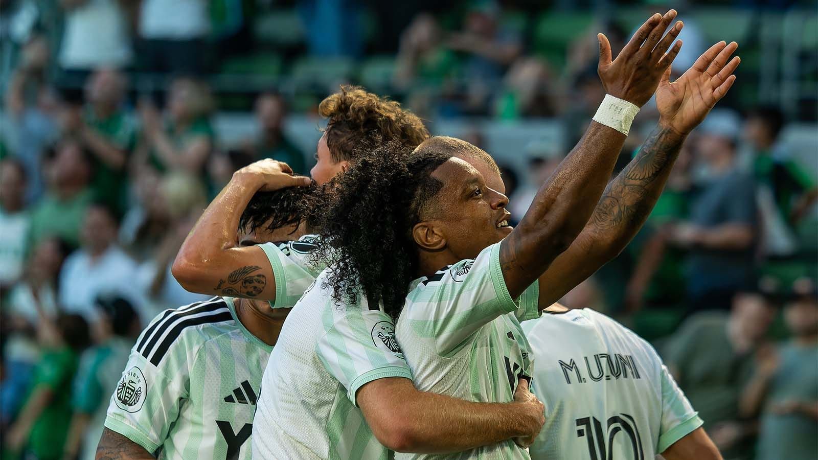 Jayden Nelson of Austin FC celebrating a goal against Houston