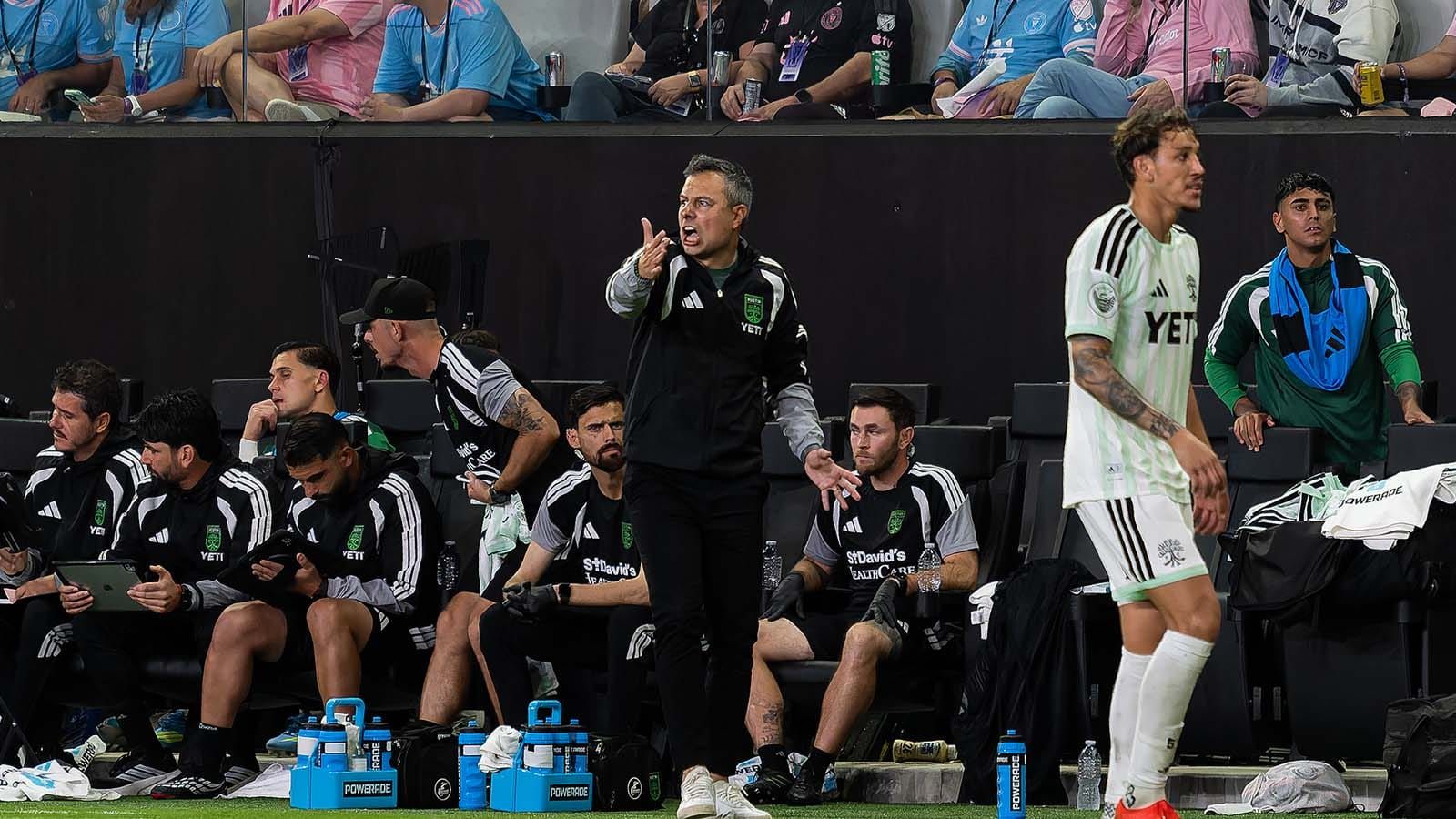Then-Austin FC head coach Nico Estévez on sidelines yelling