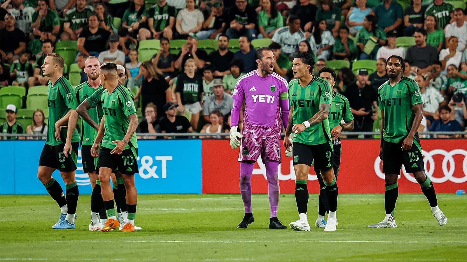 Brad Stuver yells at teammates after Austin FC lets in the winning goal by SKC