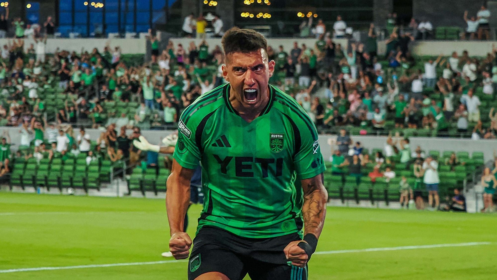 Austin FC's Myrto Uzuni celebrates a goal emphatically