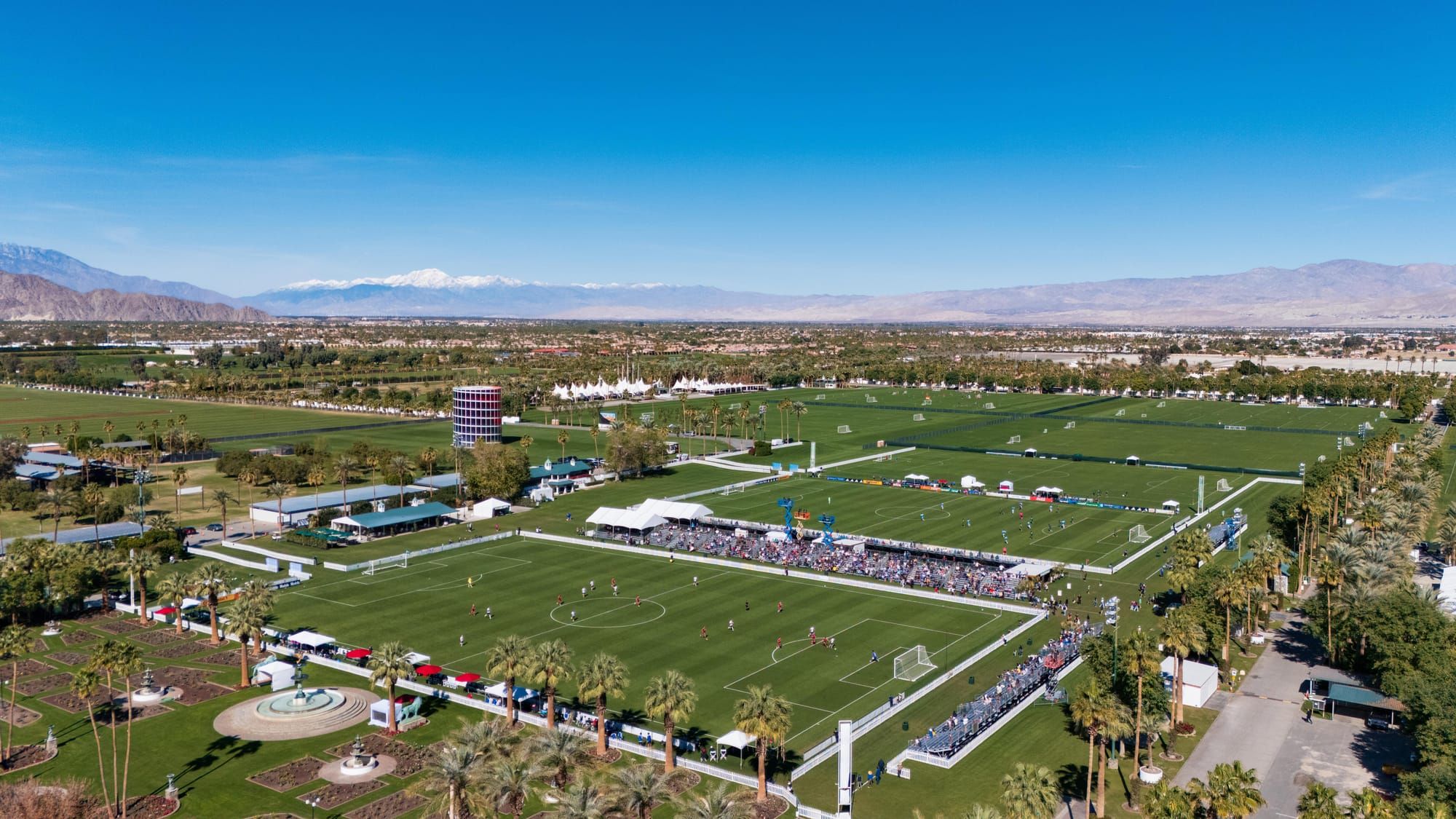 Aerial view of two fields at 2026 Coachella Valley Invitational