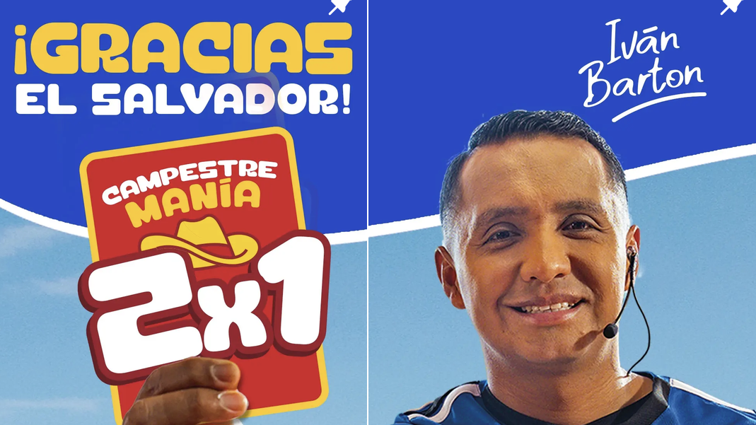 Referee Iván Barton holding up a red card with a 2 for 1 chicken deal on it