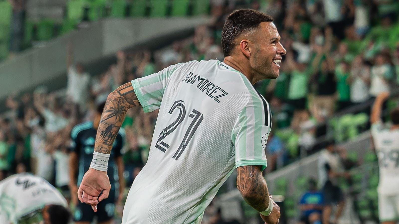 Austin FC's Christian Ramírez celebrates after scoring a goal against Seattle