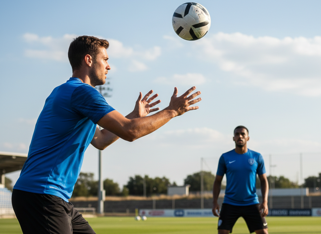 Persona lanzando un balón al aire para que otro compañero remate de cabeza.