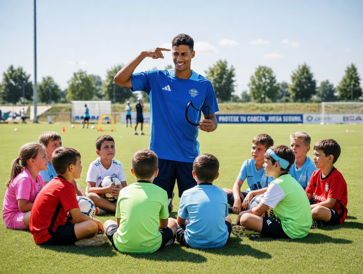 Raphaël Varane en la cantera del Como 1907 concienciando sobre la protección de la cabeza
