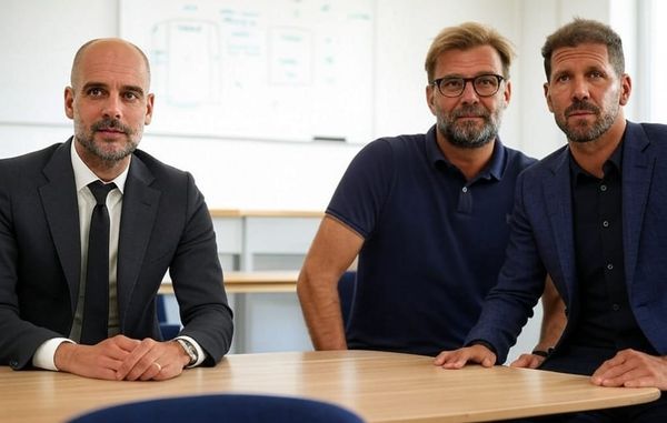Simeone, Klopp y Guardiola juntos inspirando liderazgo y trabajo en equipo en fútbol profesional.