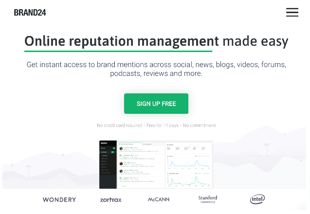 Brand24 homepage showcasing online reputation management tools for tracking brand mentions across social media, news, and reviews.