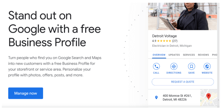 Google My Business profile example for a local electrician, showing how businesses can increase visibility on Google Search and Maps.