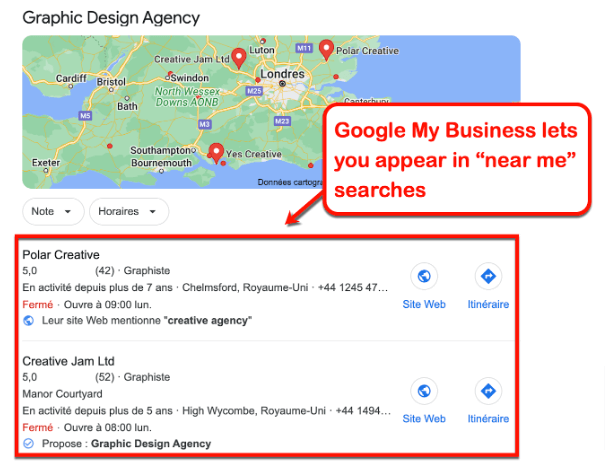 Google My Business listing showing graphic design agencies appearing in local 'near me' searches for increased visibility.