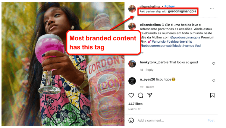 Instagram influencer post promoting Gordon’s Gin with a ‘paid partnership’ tag, highlighting branded content strategies.