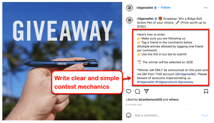 Instagram giveaway post by Ridge Wallet with contest mechanics and engagement strategies for boosting brand awareness.