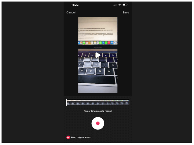 Mobile screen showing a video editing interface with a keyboard and text document, featuring a record button for adding sound.