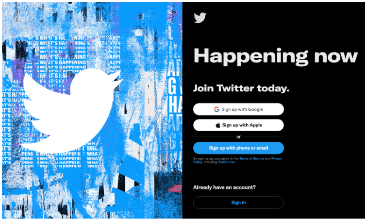 Twitter login page with a 'Happening Now' banner and sign-up options for Google, Apple, and email
