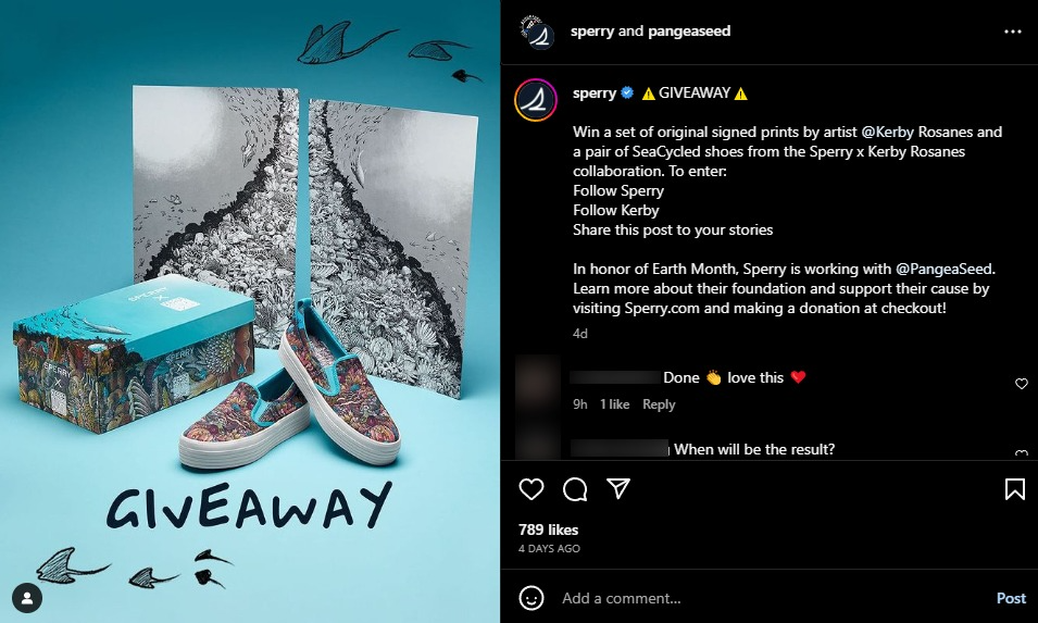 Instagram giveaway promoting a collaboration between Sperry and artist Kerby Rosanes with eco-friendly SeaCycled shoes, encouraging loyal customers to engage via Instagram content.