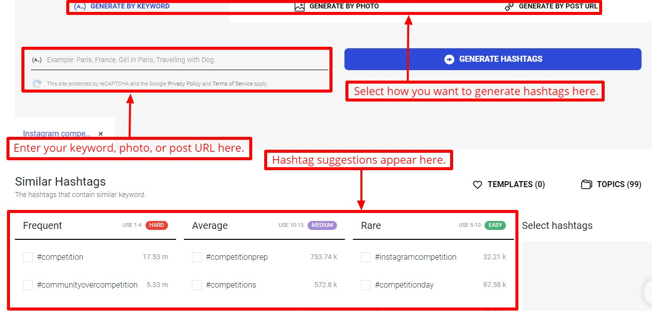 Generate Instagram hashtags using keywords, photos, or URLs. Select desired hashtags for your marketing strategy, boosting Instagram contest visibility and engagement.