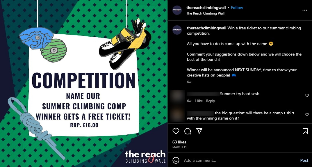 Instagram climbing photo contest post encouraging user generated content through an Instagram giveaway, where followers can name the event to win a free ticket