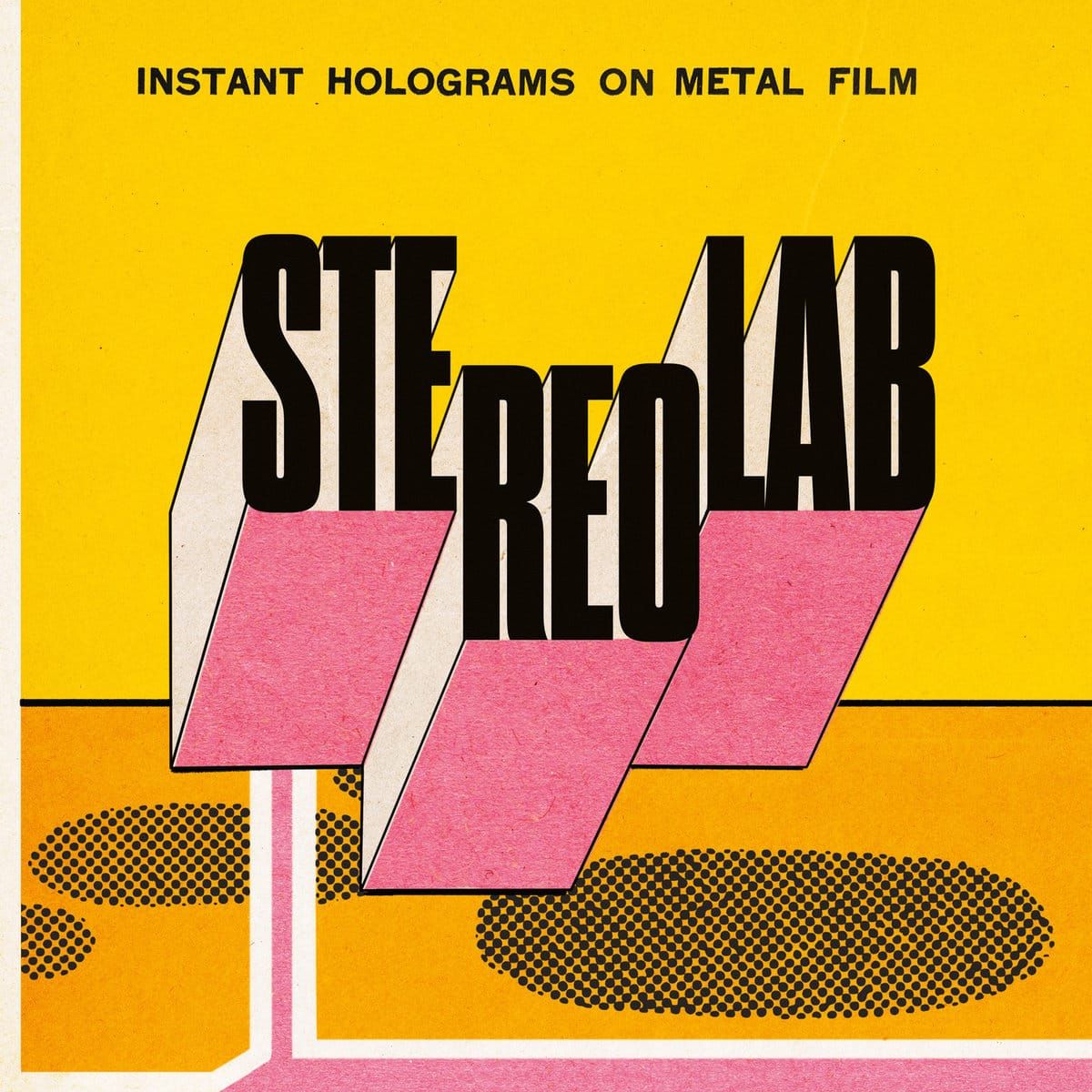 Hey, look, it's a Stereolab album cover. It says "Stereolab" in black sans serif on yellow and pink.