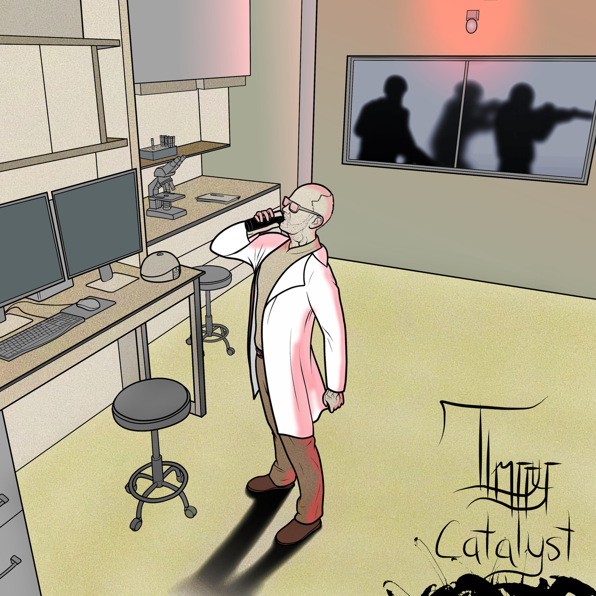 Album art: the scientist drinks from a flask as armed men approach