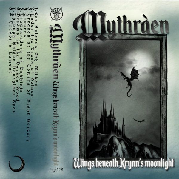 Wings Beneath Krynn's Moonlight album cover — a dragon hovers before a castle on a hill
