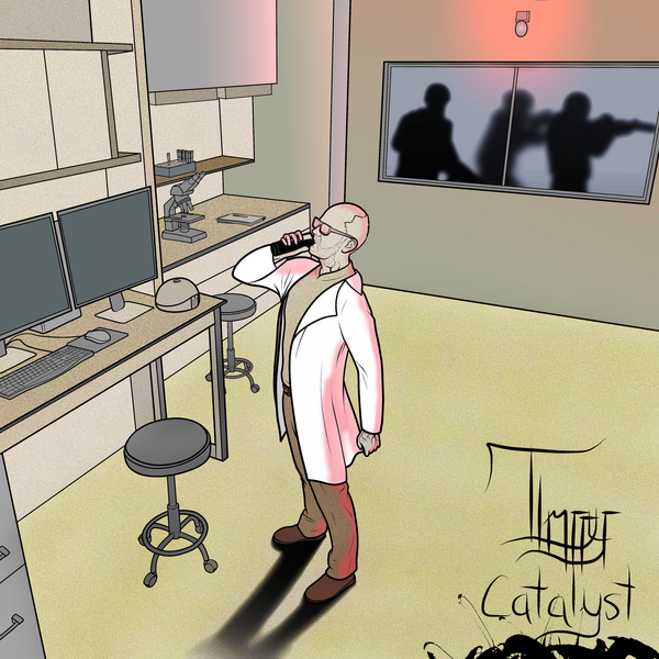 Album art: the scientist drinks from a flask as armed men approach