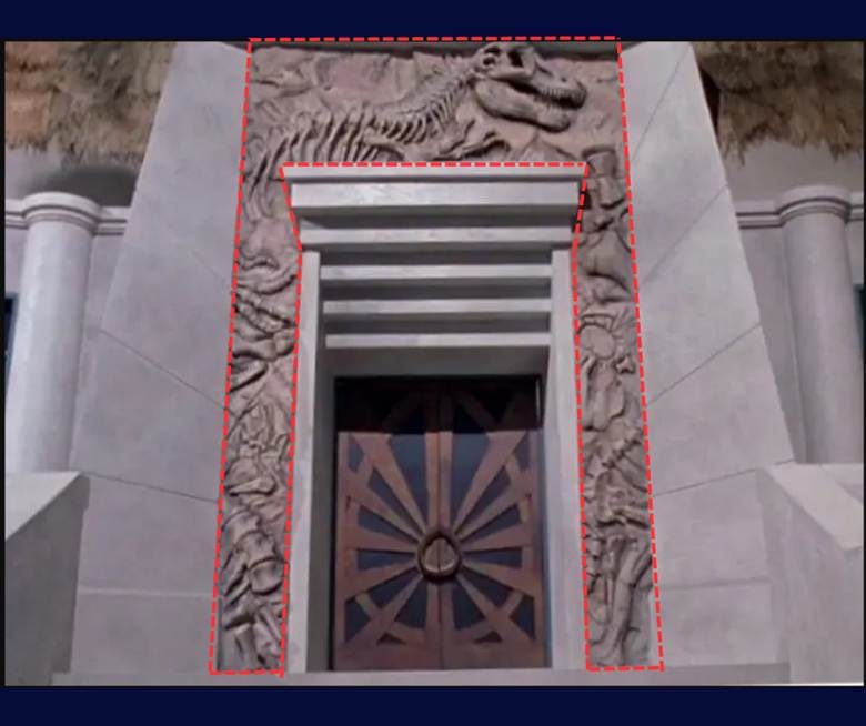 The same close-up image of the entryway, used above, with the bas-relief outlined in dotted red line.