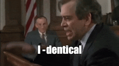 A screenshot of Jim Trotter III in My Cousin Vinny, captioned "I-dentical"