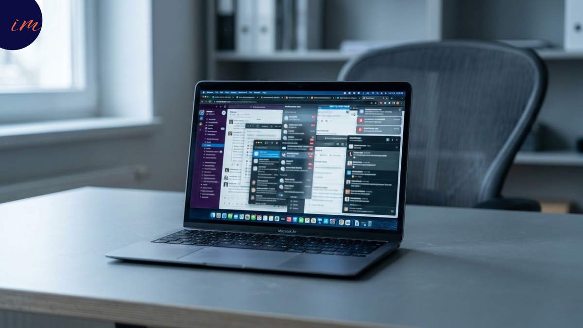 An empty desk with an active laptop screen displaying faint overlapping notification interfaces, evoking the gap between having the right collaboration tools and using them on the right logic
