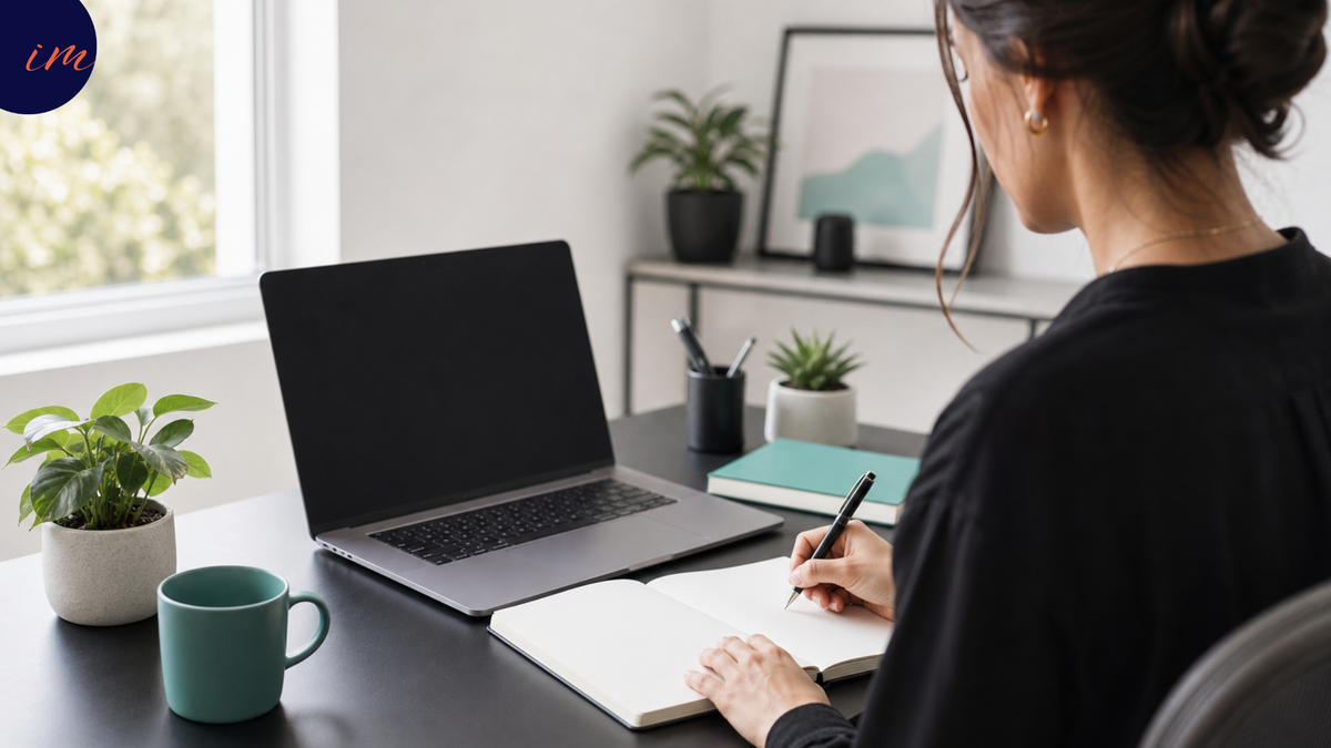 A professional writing a structured weekly update document at a desk — calm, focused, no meeting in progress. Editorial image for hybrid work management series.