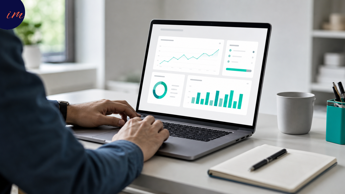 Leader calmly reviewing hybrid work performance data on a laptop at a clean, modern desk, representing evidence-based measurement over surveillance metrics.