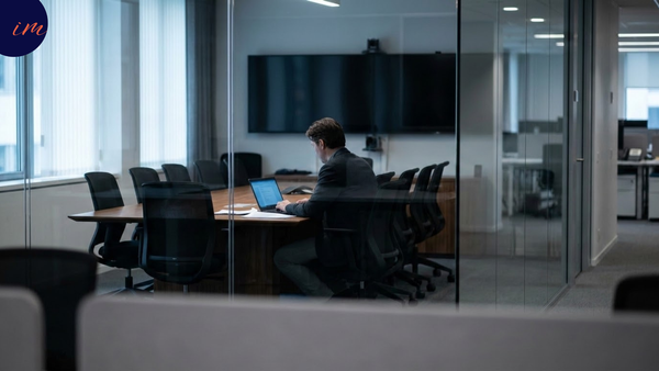 A manager working alone in a glass-walled meeting room designed for a full team, evoking the gap between hybrid policy and the decision architecture that never got built.