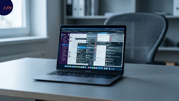 An empty desk with an active laptop screen displaying faint overlapping notification interfaces, evoking the gap between having the right collaboration tools and using them on the right logic