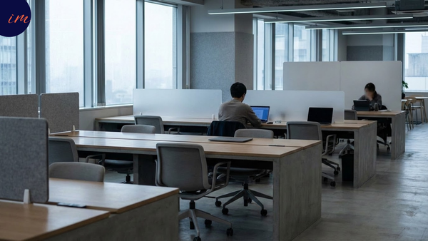 A partially occupied open-plan office, some desks empty and others in use, evoking the policy-versus-practice gap at the heart of most hybrid work models.