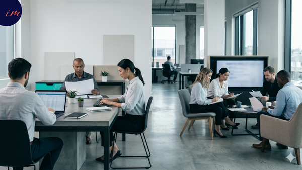 Two separate teams working in different areas of the same open-plan office, each with a distinct working atmosphere — illustrating how one policy can produce two different cultures. 