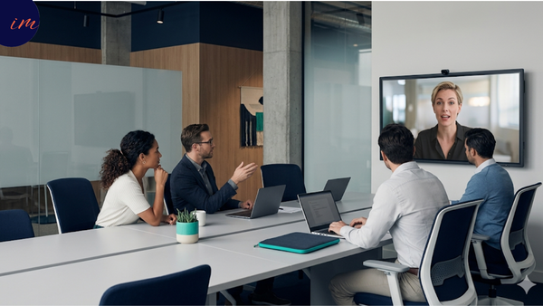 A hybrid team working across a shared office space and a video call screen — illustrating the distributed work environment discussed in Hybrid Work That Actually Works, Part 1 of 7