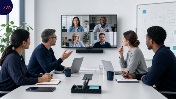 Hybrid team in a deliberate in-person working session, reviewing work together around a shared table with a video call visible in the background.