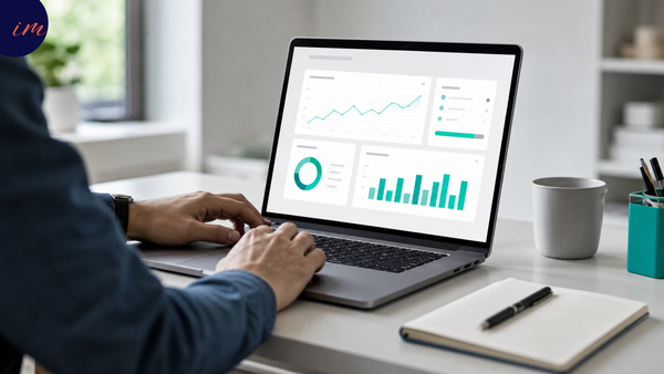 Leader calmly reviewing hybrid work performance data on a laptop at a clean, modern desk, representing evidence-based measurement over surveillance metrics.