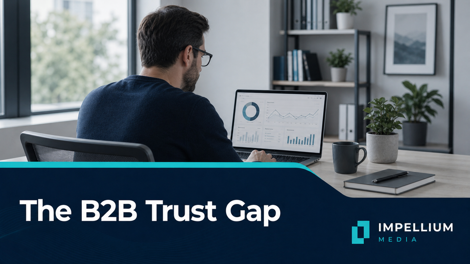 Business analyst reviewing a sales dashboard beside the headline ‘The B2B Trust Gap’ and the statistic ‘45%