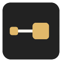 A small ochre square joined by a straight bar to a larger ochre square, on a dark tile.