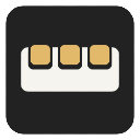 Three ochre squares seated in slots along an off-white base, on a dark tile.