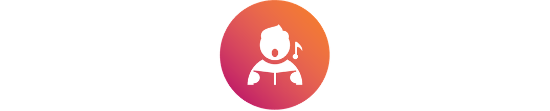 White icon of a person singing, over colorful circular background