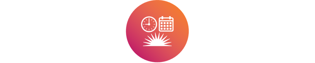 Icon of a clock, calendar, and rising sun, over colorful background