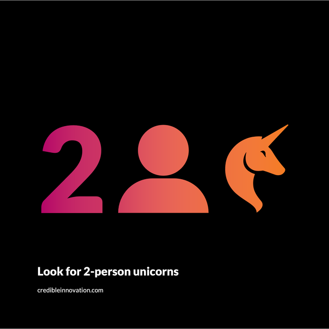 Icons of number 2, person, unicorn. Colorful, on black background. Copy: "Look for 2-person unicorns"