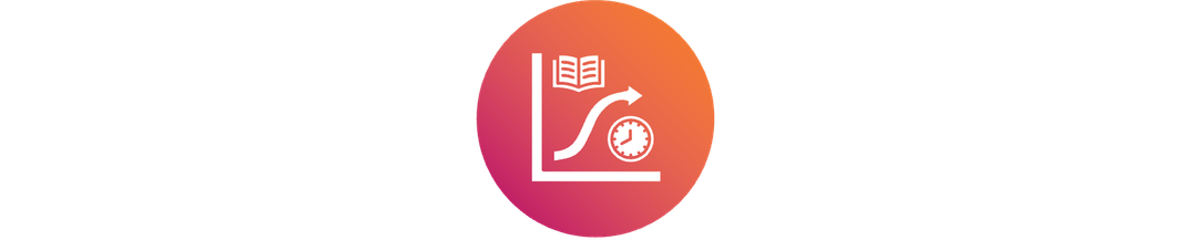 A white icon of an upward sloping curve, a book, and a clock, over colorful, circular background
