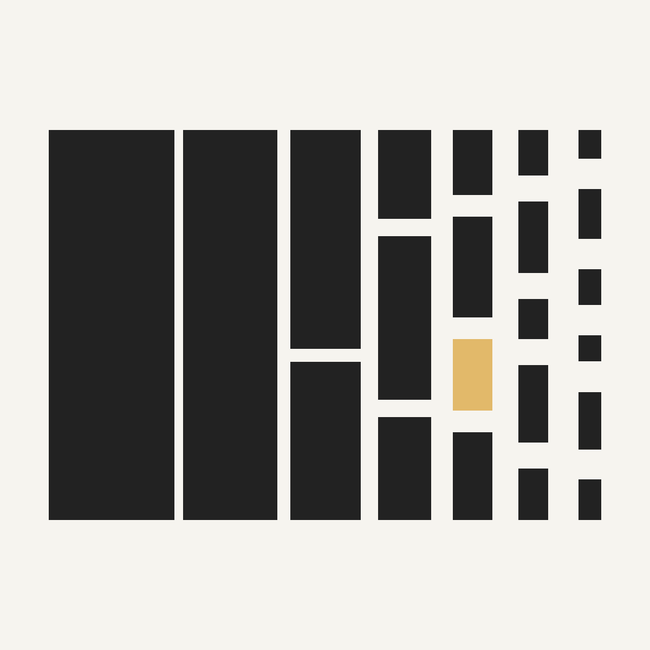 A solid dark block on the left breaks into progressively narrower and more numerous unequal pieces toward the right, on a cream background. One mid-sized piece is gold.