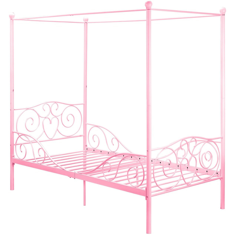 Pink canopy bed with heart frame